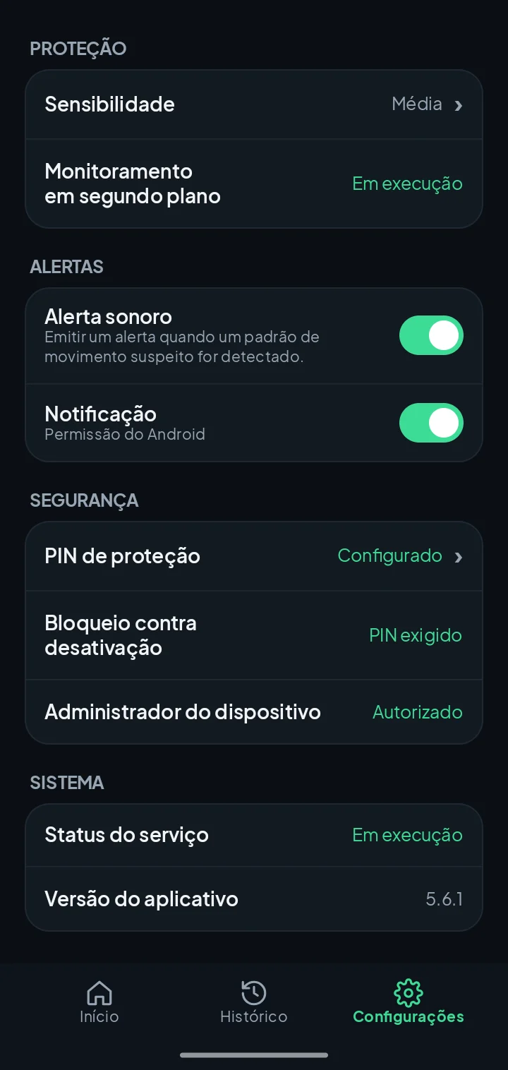 Configurações do ProtectMov: sensibilidade, monitoramento em segundo plano, alerta sonoro, PIN de proteção e bloqueio contra desativação.